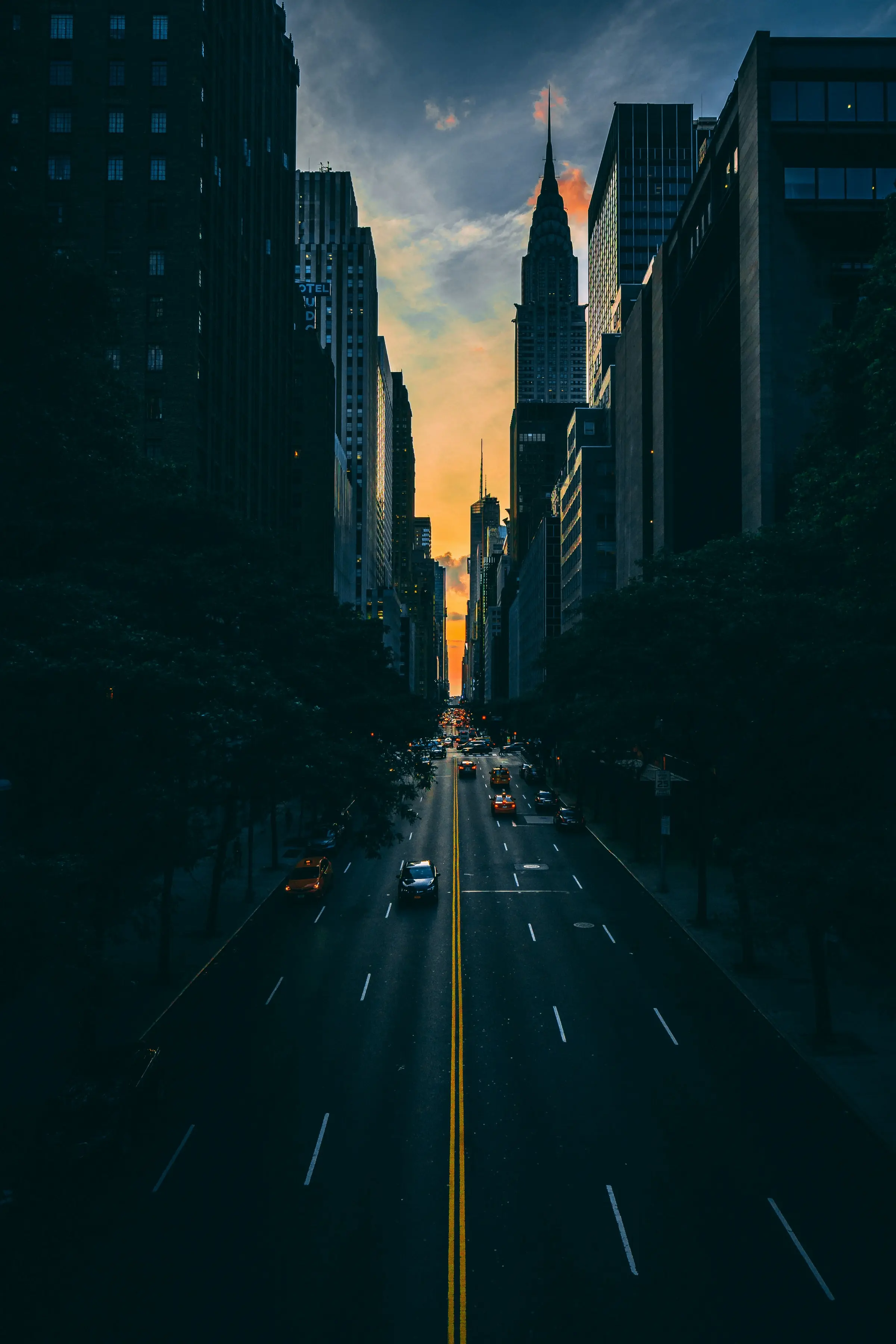 New York City street at sunset